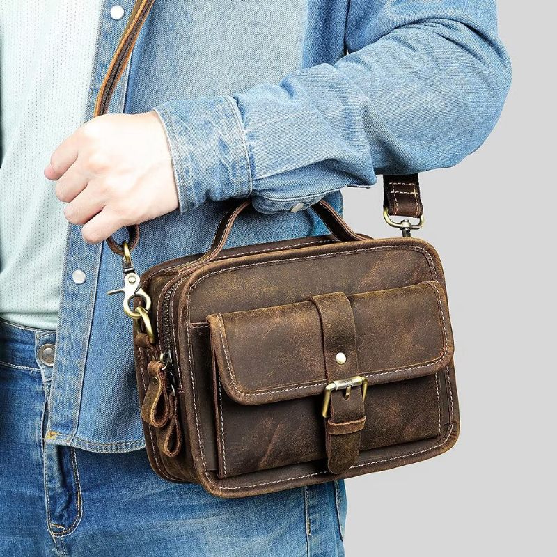 Férfi Válltáskák Luxus Valódi Bőrből Készült Lapos Kompakt Crossbody Táska - Kávé